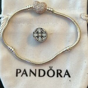 PANDORA MOMENTS PAVE’ STERLING SNAKE CHAIN CHARM BRACELET W/HEART CLASP …
